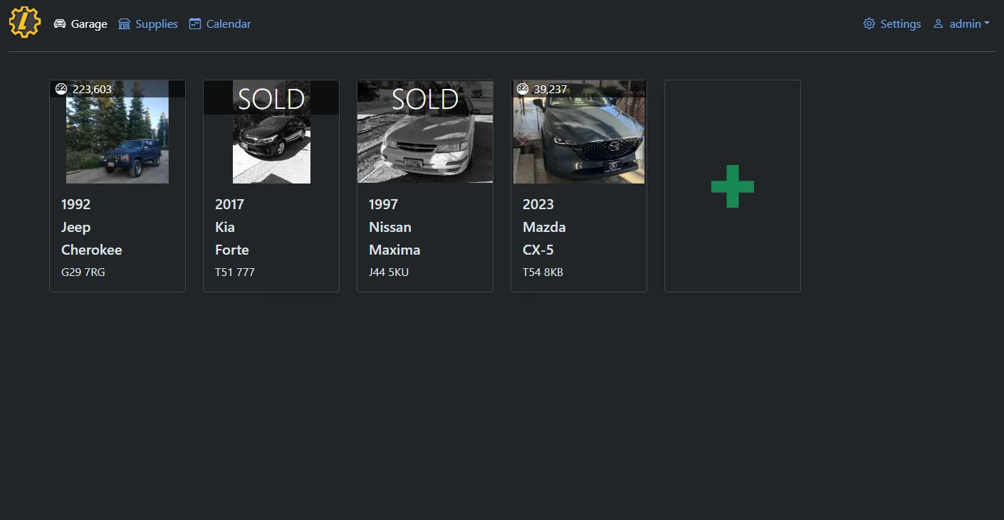 Image of the Garage tab in LubeLogger showing multiple vehicles in the user's garage along with metrics such as last reported odometer.