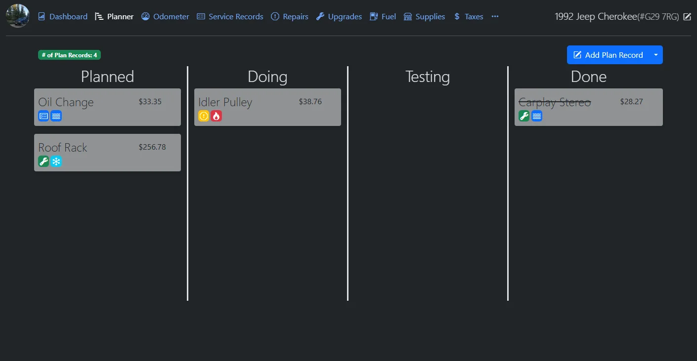 Image of the Planner tab in LubeLogger showing to-do items in various stages such as Planned, Doing, Testing, and Done.