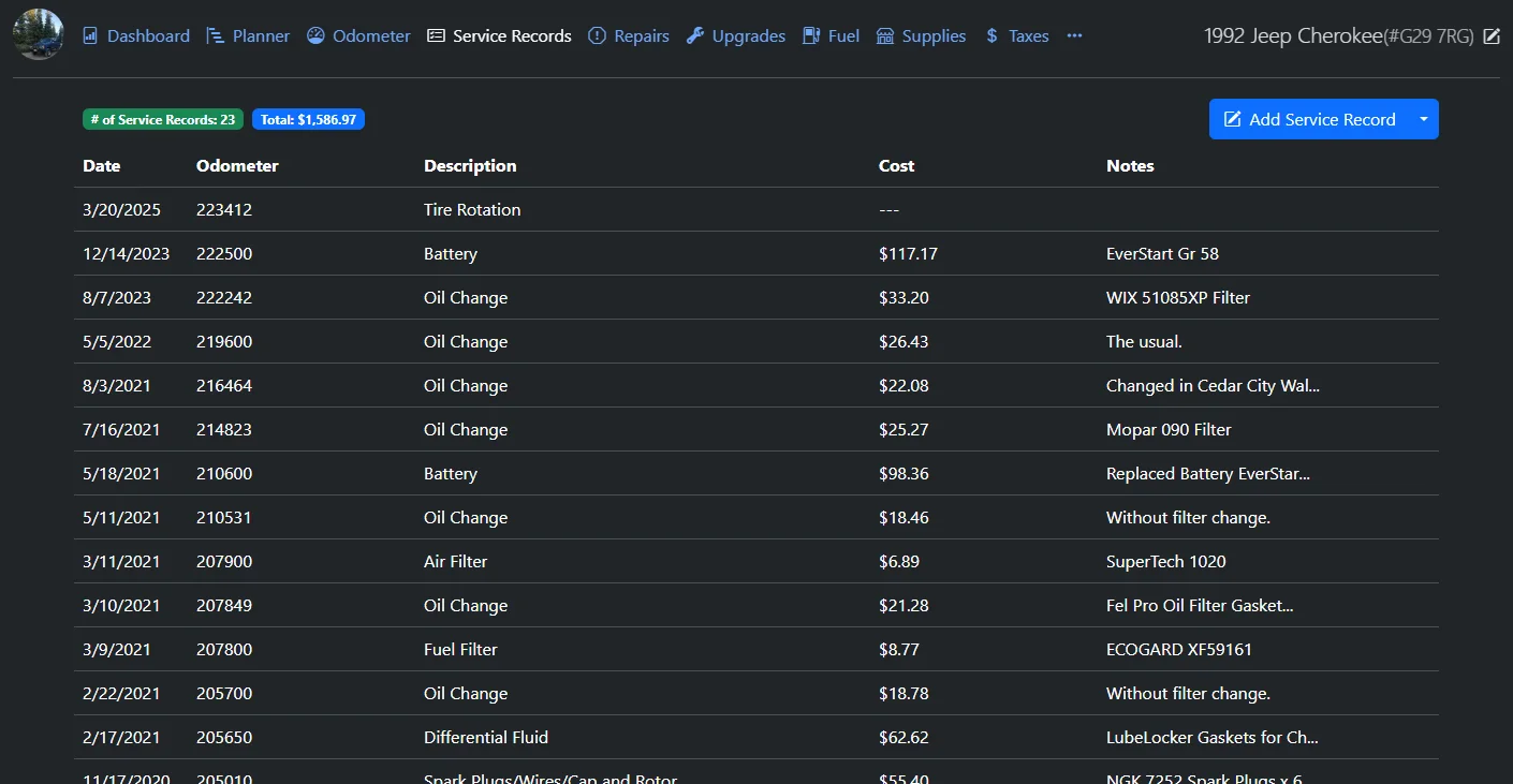 Image of the Service Record tab in LubeLogger showing Date, Odometer, Description, Cost, and Notes of each maintenance item.